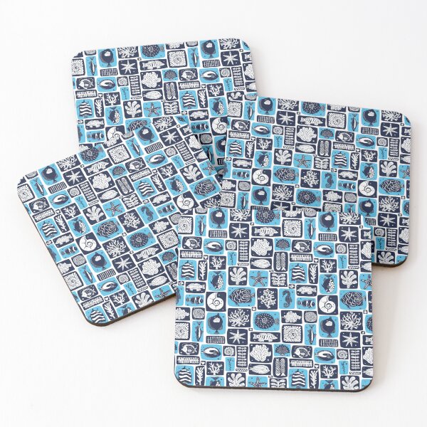 Item preview, undersea underwater world with with fish corals in aqua blue and navy blue blocks designed and sold by artgeige.