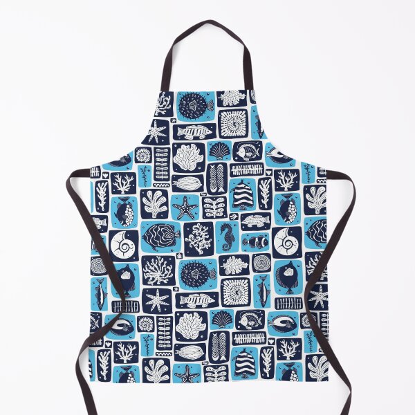 Item preview, undersea underwater world with with fish corals in aqua blue and navy blue blocks designed and sold by artgeige.