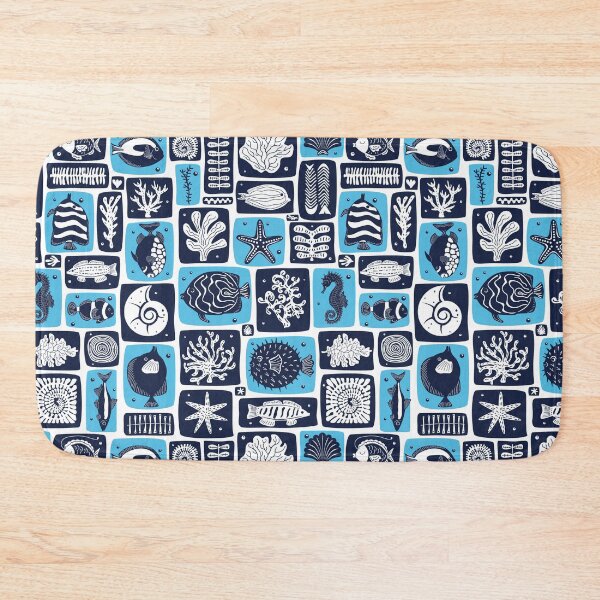 Item preview, undersea underwater world with with fish corals in aqua blue and navy blue blocks designed and sold by artgeige.