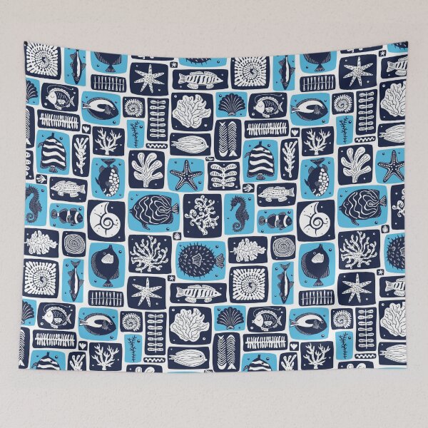 Item preview, undersea underwater world with with fish corals in aqua blue and navy blue blocks designed and sold by artgeige.