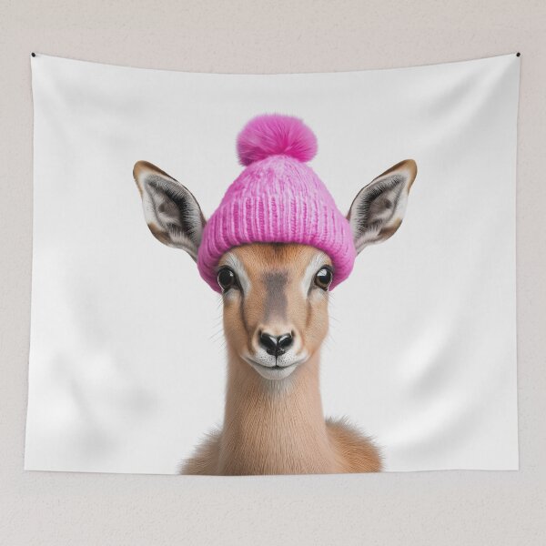 Item preview, Cozy Antelope Wearing Pink Winter Hat Trendy Animal Fashion Artwork designed and sold by LazyOwlStore.