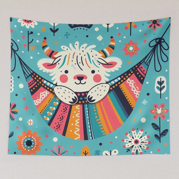 Item preview, Cute Joyful Calf in Hammock Among Vibrant Blooms by heidiannemorris © designed and sold by FOLK ART FUSION by heidiannemorris.