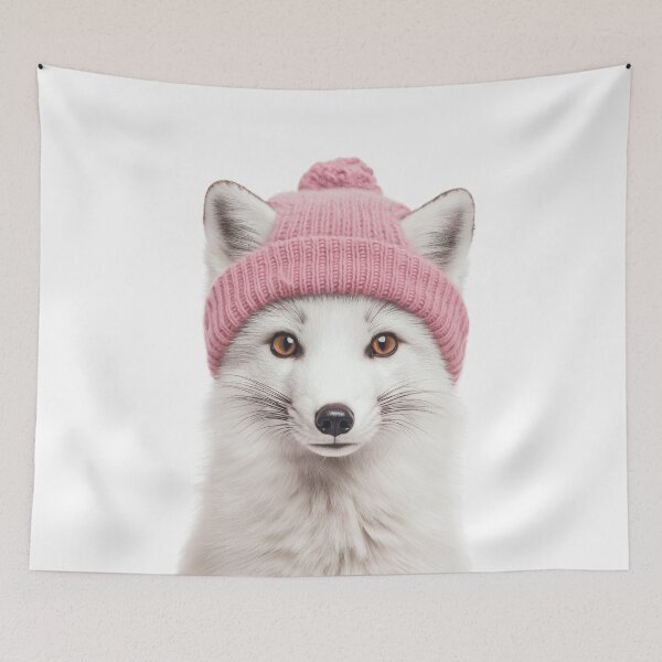 Item preview, Cozy Arctic Fox Wearing Pink Winter Hat Trendy Animal Fashion Artwork designed and sold by LazyOwlStore.