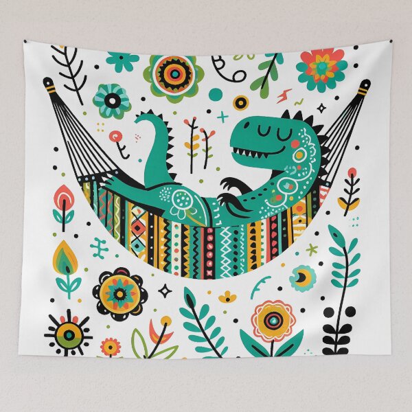 Item preview, Cute T-Rex Sleeping in a Colourful Hammock by heidiannemorris © designed and sold by FOLK ART FUSION by heidiannemorris.