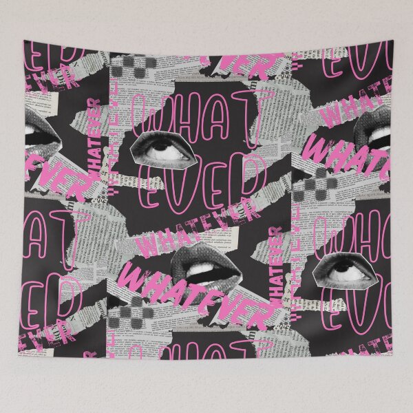 Artikelvorschau, Y2K Pop Art Collage WHATEVER Attitude Grunge Aesthetic Bold Pink Schwarz Zerrissene Zeitung Lippen Augen Wandkunst Poster entworfen und verkauft von MeowcuryRising.