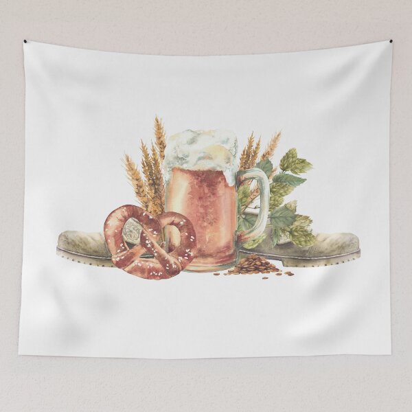 Item preview, Oktoberfest beer mug, German traditional salted pretzel, green hops, golden wheat, barley grains and Bavarian shoes. Watercolor designed and sold by BartolArt.