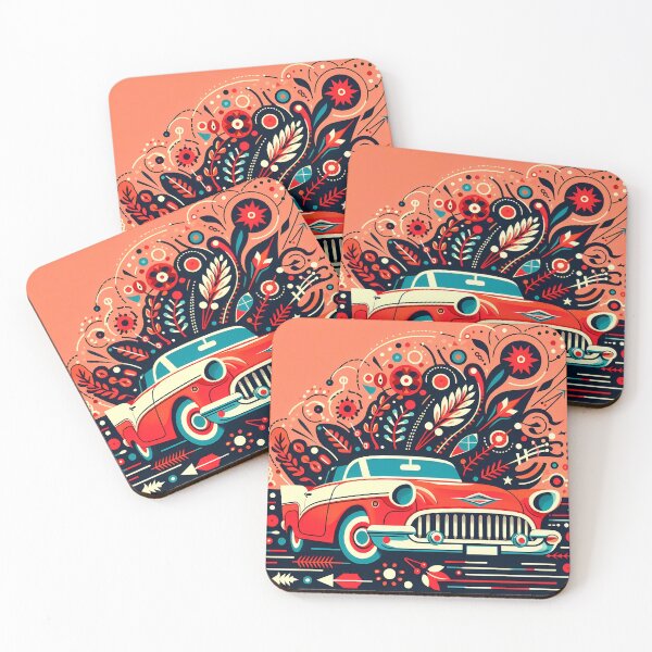 Item preview, Red 1950s Classic Car with Bold Nordic Folk Art Burst - Scandinavian Folk Art by heidiannemorris © designed and sold by FOLK ART FUSION by heidiannemorris.