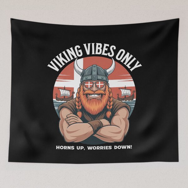 Item preview, Funny Viking Vibes Only – Retro Nordic Warrior with Danish Flag and Longships designed and sold by Infinitee8hirts.