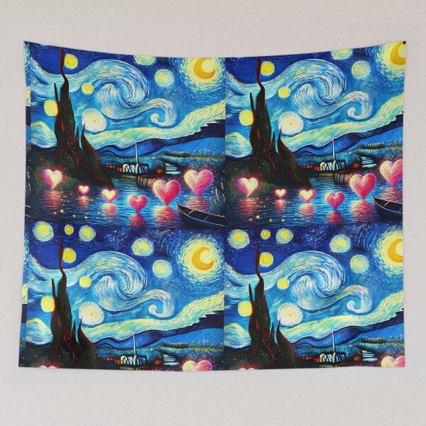 Item preview, Red Glowing Hearts Over Starry Night River – Romantic Dreamscape designed and sold by EmeraldeaArt.
