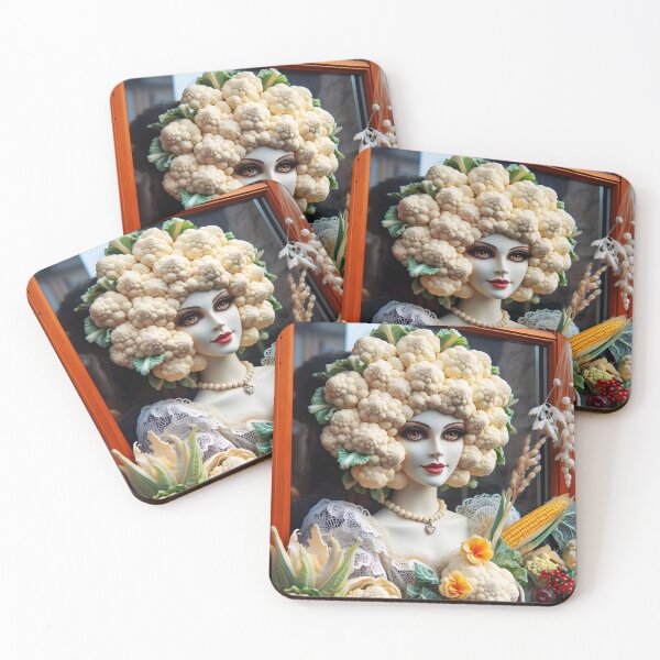 Item preview, Surreal Produce Diva – Mannequin with Cauliflower Hair and Corn in Grocery Window designed and sold by EmeraldeaArt.