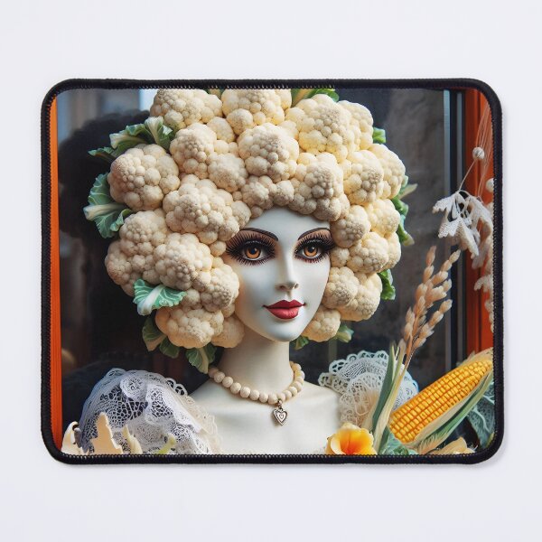 Item preview, Surreal Produce Diva – Mannequin with Cauliflower Hair and Corn in Grocery Window designed and sold by EmeraldeaArt.