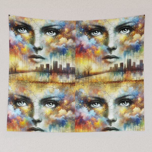 Item preview, Golden Metropolis Muse – Surreal Cityscape Collage Art designed and sold by EmeraldeaArt.