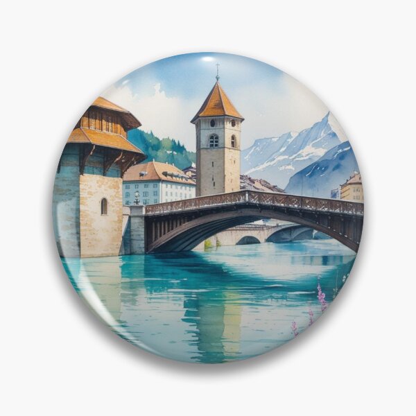 Item preview, Lucerne in Watercolor – Chapel Bridge and Swiss Mountains designed and sold by StormArte.