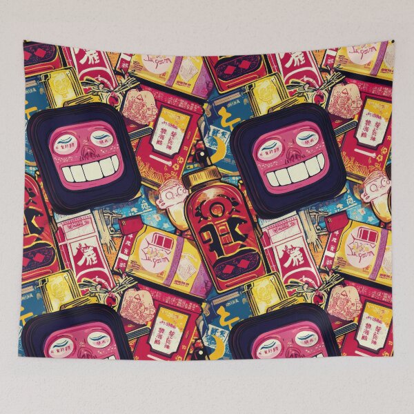 Item preview, Vintage poster layout with Asian snacks — Sticker Badge Mashup designed and sold by HEADMADE-TV.