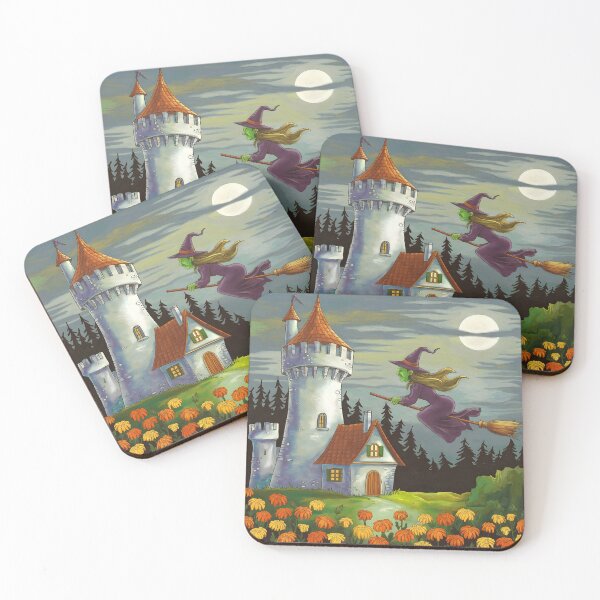 Item preview, Hex Witch Over the Castle – Green-Skinned Broom Rider Under Full Moon designed and sold by EmeraldeaArt.