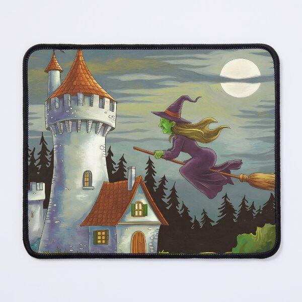 Item preview, Hex Witch Over the Castle – Green-Skinned Broom Rider Under Full Moon designed and sold by EmeraldeaArt.