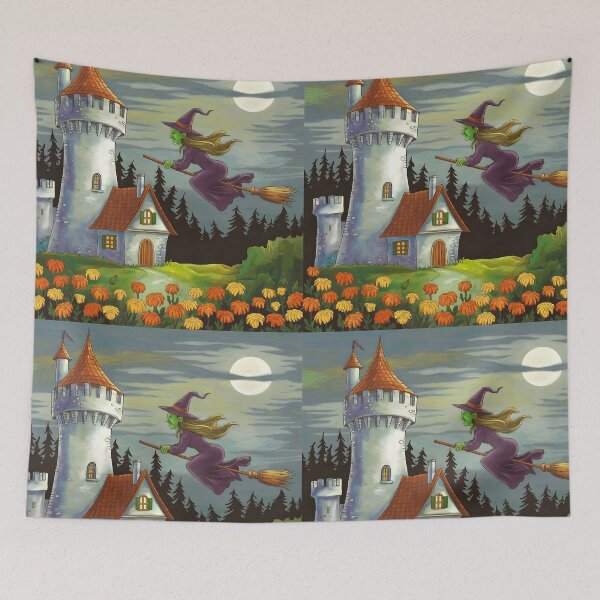 Item preview, Hex Witch Over the Castle – Green-Skinned Broom Rider Under Full Moon designed and sold by EmeraldeaArt.