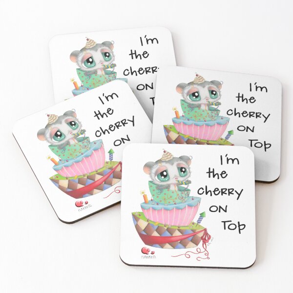 Item preview, Kawaii Lemur Popping Out of Birthday Cake – I'm the Cherry on Top Party Illustration designed and sold by Plakartis.
