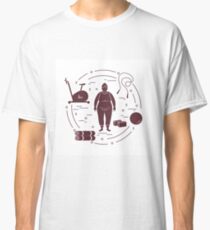 Fat woman and different sports equipment. Classic T-Shirt