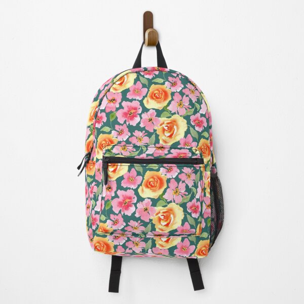 Item preview, Watercolor Floral Garden with Pink and Orange Roses Spring Meadow Flowers Green Bay Background designed and sold by JasmineGDesigns.