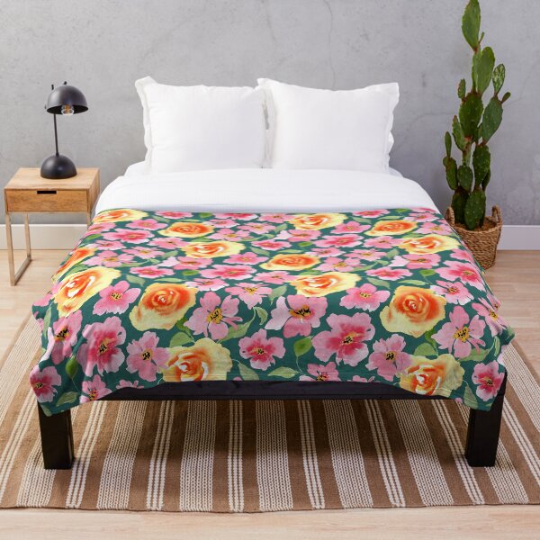 Item preview, Watercolor Floral Garden with Pink and Orange Roses Spring Meadow Flowers Green Bay Background designed and sold by JasmineGDesigns.