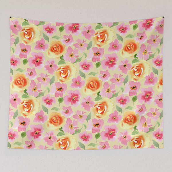 Item preview, Jardín floral de acuarela con rosas rosadas y naranjas, flores de prado primaveral de color amarillo mantequilla designed and sold by JasmineGDesigns.
