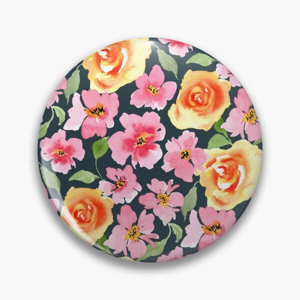Artikelvorschau, Aquarell Blumengarten mit rosa und orange Rosen Frühling Wiese Blumen dunkelblau entworfen und verkauft von JasmineGDesigns.