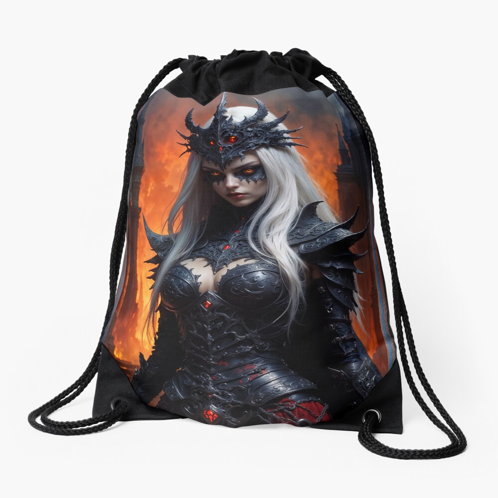 The Fiery Gaze Of Akita, The Mystic Sorceress Of Martrella Amidst Burning Ruins Mesmerizing AI Concept Art by Xzendor7 Decorative Art Print Draw String Backpack