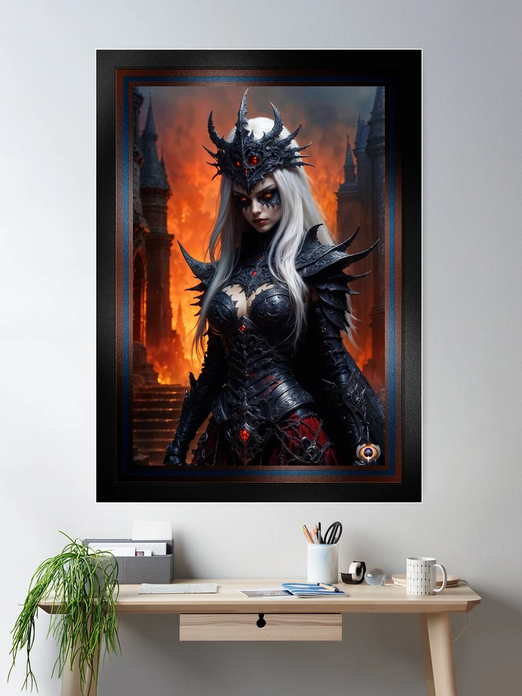 The Fiery Gaze Of Akita, The Mystic Sorceress Of Martrella Amidst Burning Ruins Mesmerizing AI Concept Art by Xzendor7 Room Decor Poster Art Print