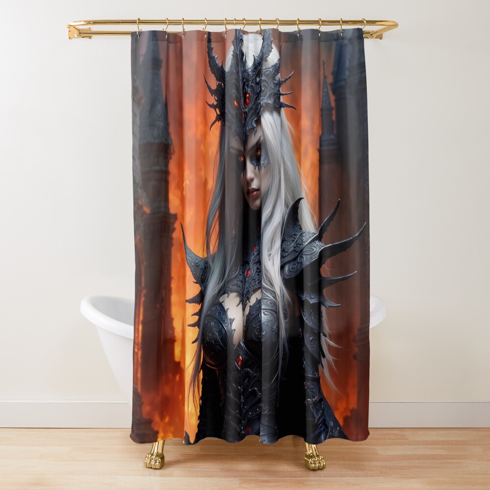 The Fiery Gaze Of Akita, The Mystic Sorceress Of Martrella Amidst Burning Ruins Mesmerizing AI Concept Art by Xzendor7 Decorative Art Print Shower Curtain
