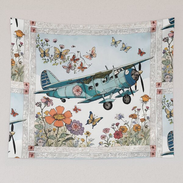 Item preview,  Butterfly Flight Over Wildflower Skies - Vintage Propeller Airplane Flying Over Wildflowers And Butterflies designed and sold by CarrollGene.