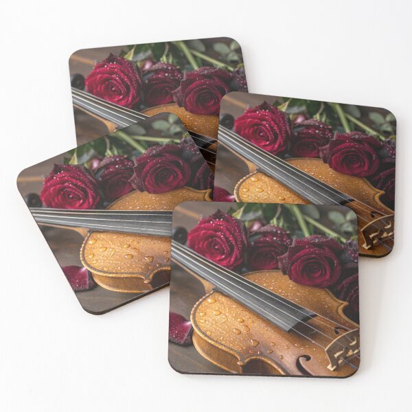 Item preview, Vintage Violin Close-Up with Dewdrops and Red Roses designed and sold by ArtiQreate.