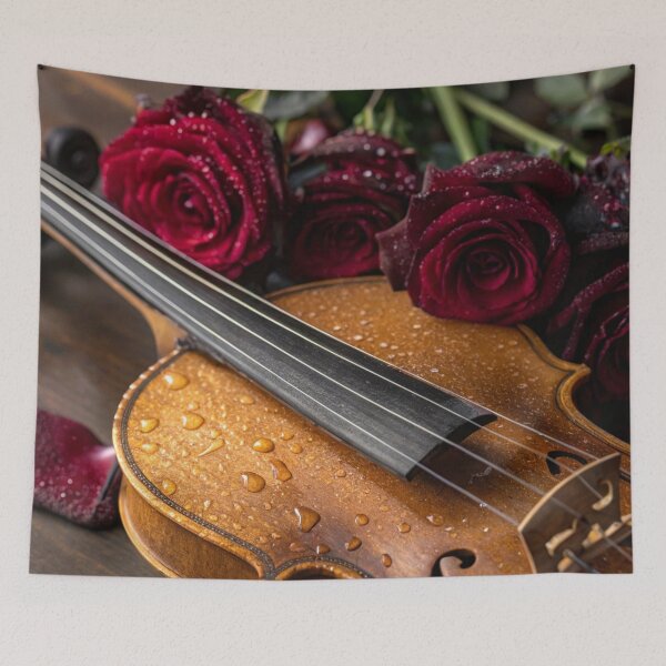 Item preview, Vintage Violin Close-Up with Dewdrops and Red Roses designed and sold by ArtiQreate.