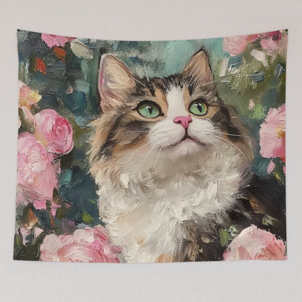 Artikelvorschau, Ölgemälde „Katze im Rosengarten“ entworfen und verkauft von SophieClimaArt.