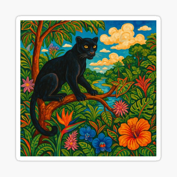Item preview, Majestic Panther in the Jungle - Vibrant Folk Art Print designed and sold by levshare.