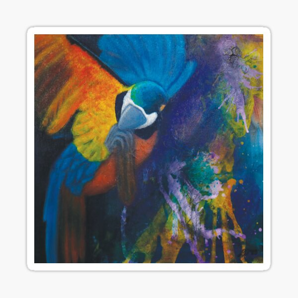 Colorful Parrot in Abstract Jungle – Mixed Media Wildlife Art Sticker