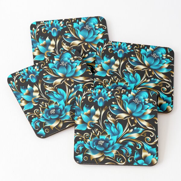 Item preview, Elegant Teal and Gold Botanical Pattern on Black | Seamless Floral Design designed and sold by Juliette Ozkalfayan.
