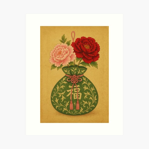 Item preview, Korean Folk Art Lucky Pouch Peony Print Traditional Korean Painting designed and sold by allpalgo.