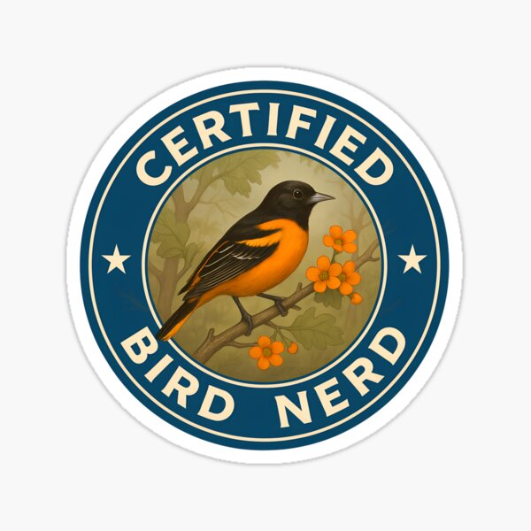 Artikel-Vorschau von Zertifizierter Vogel-Nerd – Baltimore Oriole Vintage Badge, designt und verkauft von Brainy Bird's Place.