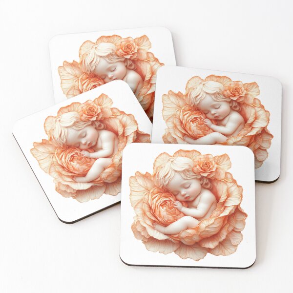 Item preview, Blonde Baby Sleeping in Orange Rose | Whimsical Floral Nursery Art Print designed and sold by Art of Ngu.