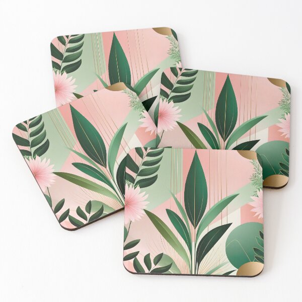 Item preview, Mid Century Botanical Retro Geometric Leaves  Florals  Pink Dark Green designed and sold by Prints and Lifestyle.