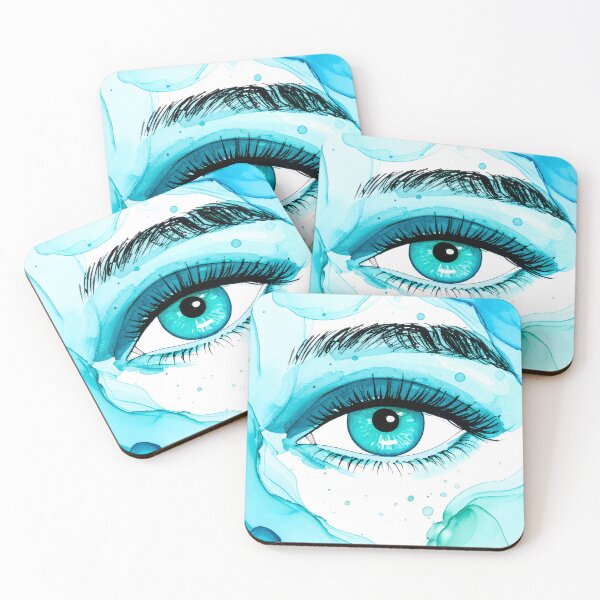 Item preview, An expressive watercolor painting of a young adult eye features vibrant turquoise and blue fluid art surrounding it designed and sold by homydesign.