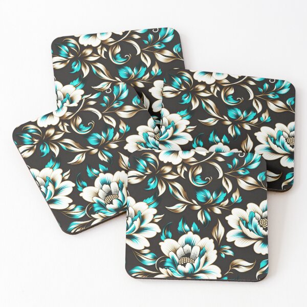 Item preview, Elegant White and Teal Floral Pattern with Gold Accents on Black designed and sold by Juliette Ozkalfayan.
