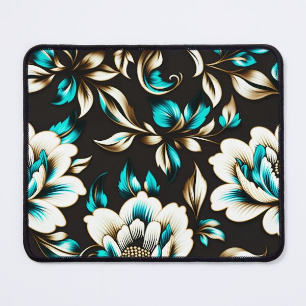 Item preview, Elegant White and Teal Floral Pattern with Gold Accents on Black designed and sold by Juliette Ozkalfayan.