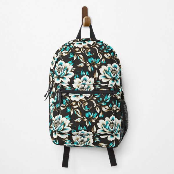 Item preview, Elegant White and Teal Floral Pattern with Gold Accents on Black designed and sold by Juliette Ozkalfayan.