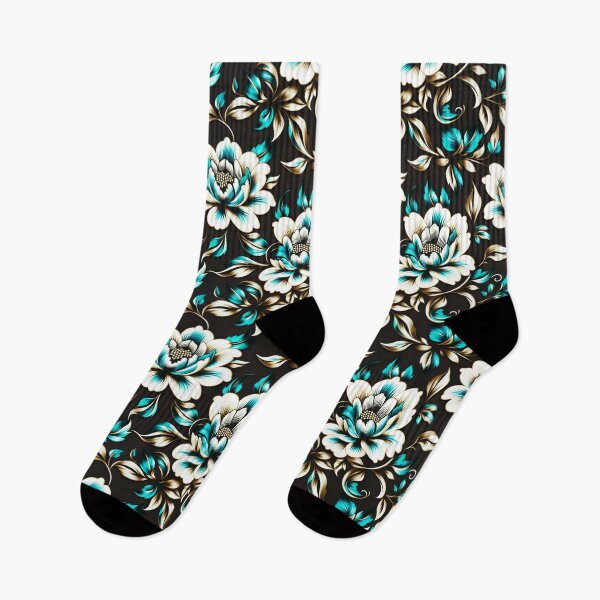 Item preview, Elegant White and Teal Floral Pattern with Gold Accents on Black designed and sold by Juliette Ozkalfayan.