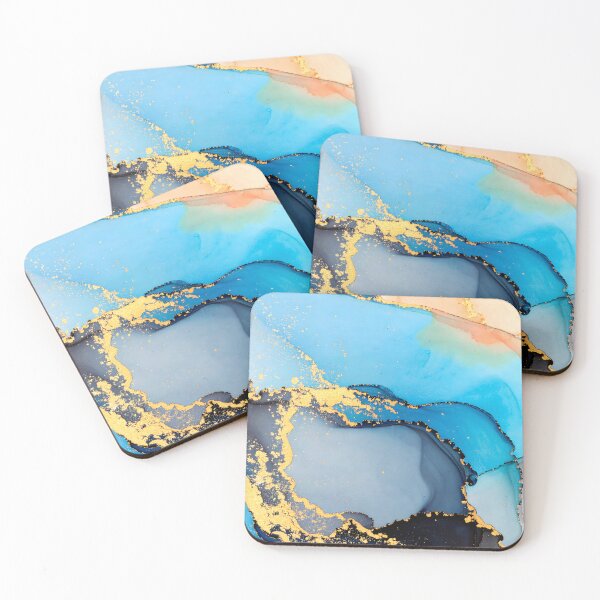 Item preview, An abstract artwork with swirling blue, grey, and peach alcohol inks, highlighted by shimmering gold accents designed and sold by homydesign.