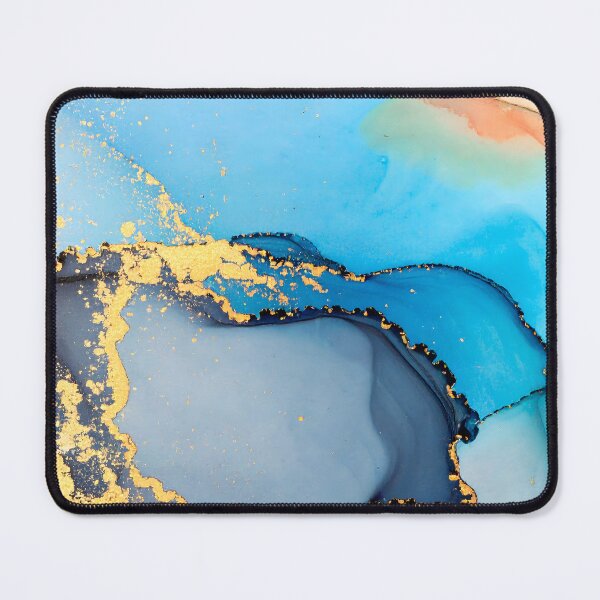 Item preview, An abstract artwork with swirling blue, grey, and peach alcohol inks, highlighted by shimmering gold accents designed and sold by homydesign.