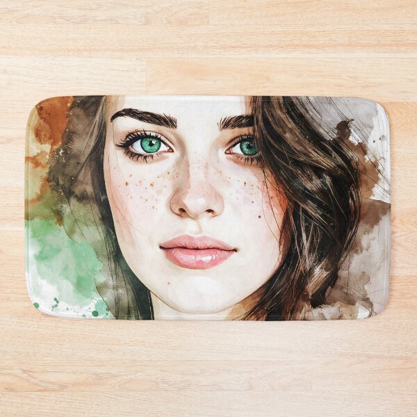 Item preview, A striking watercolor portrait of a young adult female with long brown hair, bright green eyes, and delicate freckles designed and sold by homydesign.