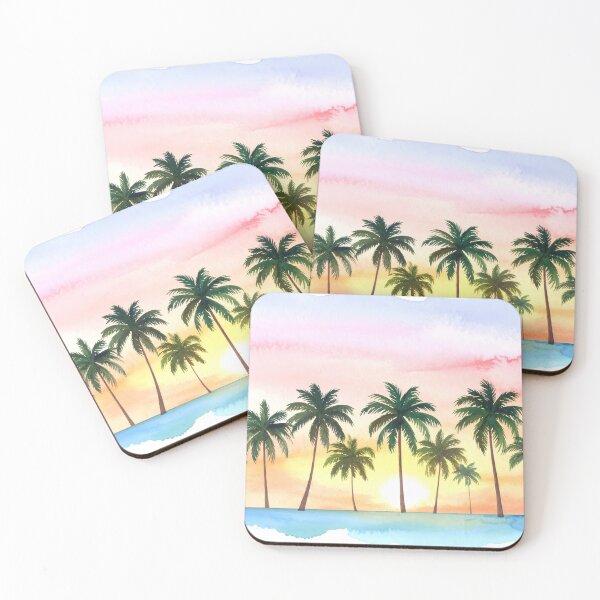 Item preview, A tranquil watercolor landscape features a row of palm trees silhouetted against a vibrant sunset sky, with a calm body of water below designed and sold by homydesign.